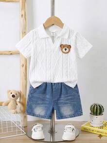 SHEIN Playful Pals 一套男婴夏季百搭休闲短袖简约上衣搭配时尚水洗牛仔短裤，适合日常穿着、家庭露营、外出就餐或购物。 - 彩色 - 查看 1