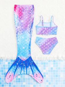 SHEIN GraphicGems Young Girl Mermaid Tail 3 Pieces Set With Scaly Print Elastic Fabric, Ruffle Trim Camisole And Briefs, Comfortable For Swimming And Beach In Summer - Multicolor - View 2