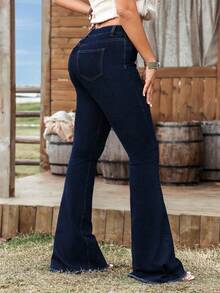 SHEIN CURVE+ 大码女式弹力休闲喇叭牛仔裤 - 深色水洗藍 - 查看 2
