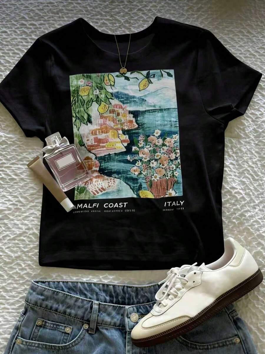 Glimmora Women's Casual Landscape Print T-Shirt, Summer - Multicolor - View 1