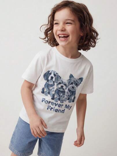 Maija Kids Maija Kids 2pcs Young Boys Casual Elegant Urban School Cute Puppy Graphic White Knit Short Sleeve Crew Neck T-Shirt And Blue Denim Shorts Set, Suitable For Casual, Outings, Gatherings, Holidays, Spring And Summer