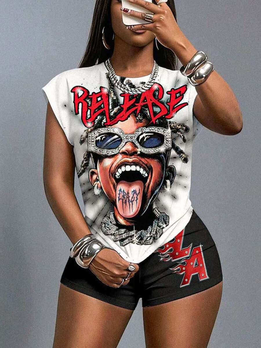 Slaydiva 两件套休闲简约卡通图案女式夏季套装