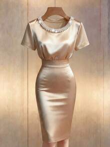 Franclia Satin Crepe Round Neck Beaded Puff Sleeve Waist Pleated Elegant Dress, Suitable For Summer Holiday, Elegant Party, Shiny Dress, Wedding Guest Dress - Apricot - View 4