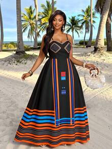 Brilight 女士时尚度假连衣裙，宽松A字廓形，条纹印花，波西米亚风格。适合婚礼季、节日、毕业季、情人节、派对等各种场合。春夏连衣裙。 - 黑色 - 查看 1