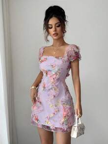 Selianne Đầm hai dây ôm sát dáng người, họa tiết hoa nhí kiểu tranh sơn dầu cổ điển, chất liệu lưới, xếp nếp, đẹp và gợi cảm, thích hợp cho mùa xuân/hè. - Màu tím - Xem 5