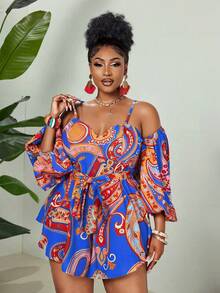 Maweii Plus Size Digital Print Elegant Off-Shoulder Backless Jumpsuit - Blue - View 5