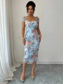 Elenzga petite Women's Elegant Romantic Mesh Floral Print Ruffle Waist Midi Dress, Suitable For Weddings, Parties, Dates, Shopping And Other Occasions, Spring/Summer (Random Print) - Blue - View 5