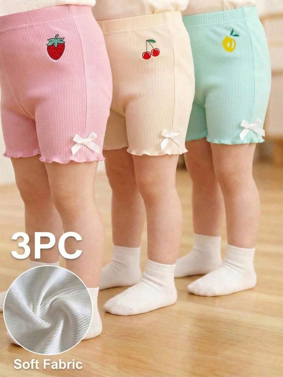 SHEIN 3件套女婴幼儿0-3岁春夏新款休闲运动弹力罗纹针织套装，柔和色调粉色、米色、灰色三件套，修身短裤及膝，适合居家和户外活动 - 彩色 - 查看 1