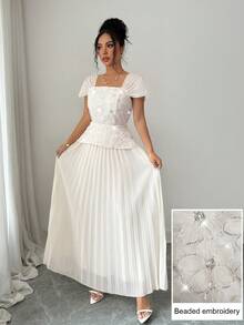 Modelyn 法式方领精致串珠刺绣拼接修身褶裥短袖优雅连衣裙 - 杏色 - 查看 5