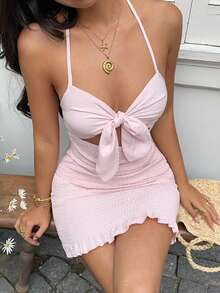 Sunnyshic Đầm ngắn nữ kiểu yếm buộc dây phía trước, khoét eo, thích hợp cho kỳ nghỉ. - Hồng - Xem 3