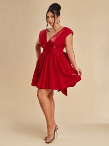 SHEIN BAE Sweet Plus-Size Dress With Red Bow For Valentine's Day In Spring/Summer. - Red - View 3