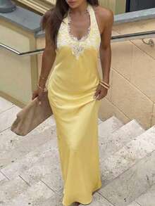 Aloruh Đầm hở lưng ren tương phản màu trơn thanh lịch dành cho nữ - Vàng nhạt - Xem 1