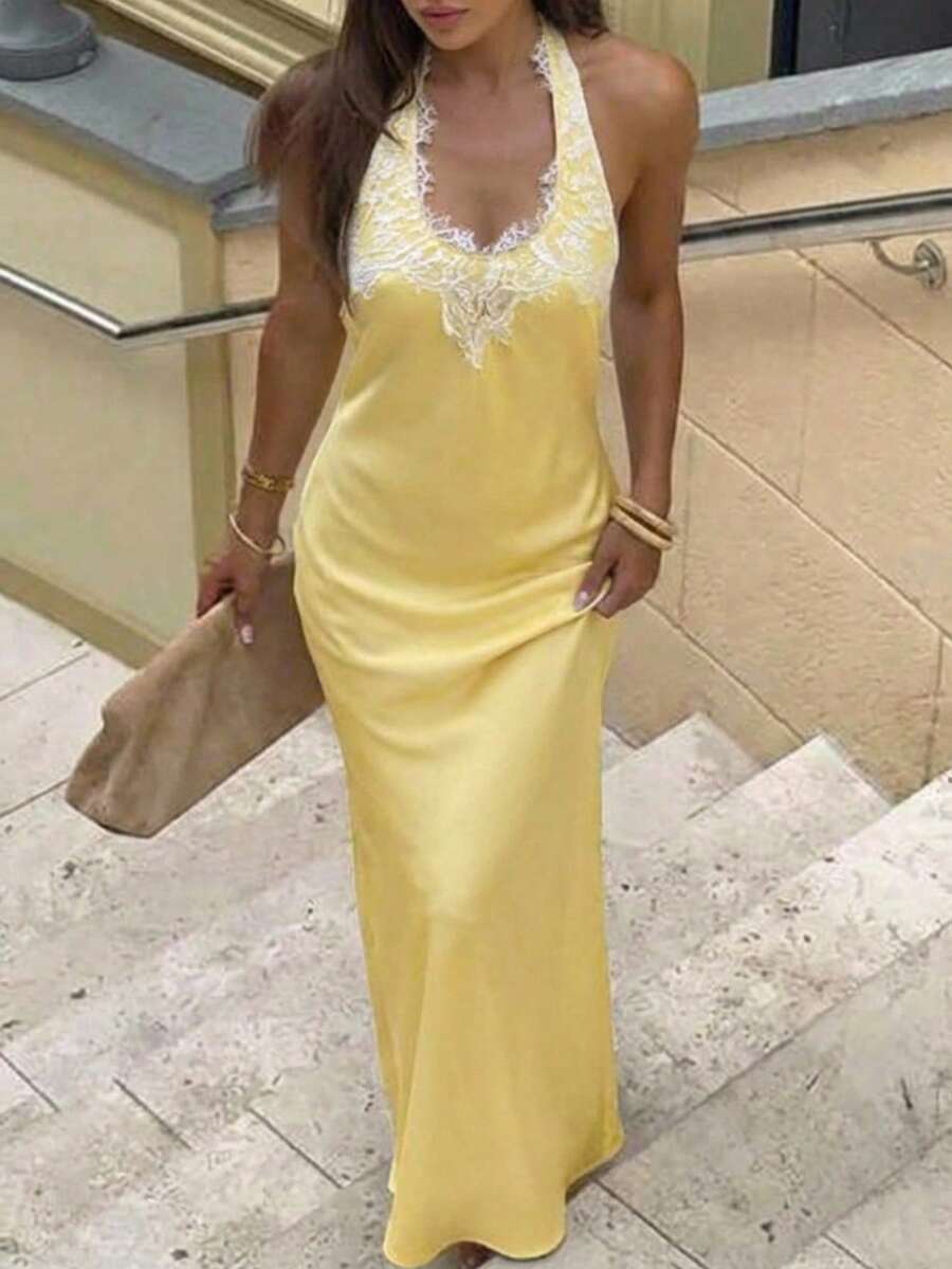 Aloruh Đầm hở lưng ren tương phản màu trơn thanh lịch dành cho nữ - Vàng nhạt - Xem 1