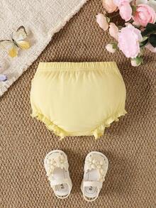 SHEIN Vintaside Kids 一件装 女婴新生儿可爱甜美时尚优雅休闲经典黄色荷叶边蕾丝层叠荷叶边纯色柔软质地弹力腰带套穿多层灯笼裤尿布裤短裤柔软轻薄透气轻盈短裤裙裤裤子下装灯笼裤三角裤服装日常穿着生日派对拍照道具礼物复活节连衣裙配饰节日游戏服春夏秋季 - 黃色 - 查看 3