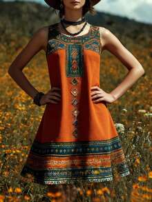 Voyazaga Spring/Summer New Arrivals -Inspired Retro Print Casual Comfortable Sleeveless Round Neck Pullover Loose Mid-Length Plus Size Women's Dress - Multicolor - View 5