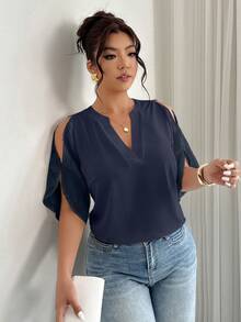 Elenzga Plus Size Women's Elegant Textured Jacquard Splice Loose Blouse, Spring/Summer - Navy Blue - View 4