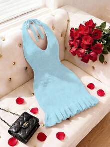 Franclia Early Spring New Romantic Valentine's Day Vibe V-Neck Halter Tie Waist Bodycon Dress With 3D Floral Pattern And Ruffle Hem, Backless - Baby Blue - View 6