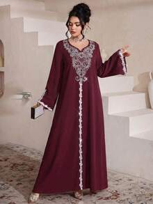 Al Najma Đầm maxi dài tay xẻ tà, dáng rộng, sang trọng, thêu và đính cườm, phong cách truyền thống Thổ Nhĩ Kỳ và Ả Rập. - Màu Đỏ Sâu - Xem 6