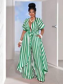 Maweii Plus Size Pink Striped Tie Front Cardigan Set - Multicolor - View 5