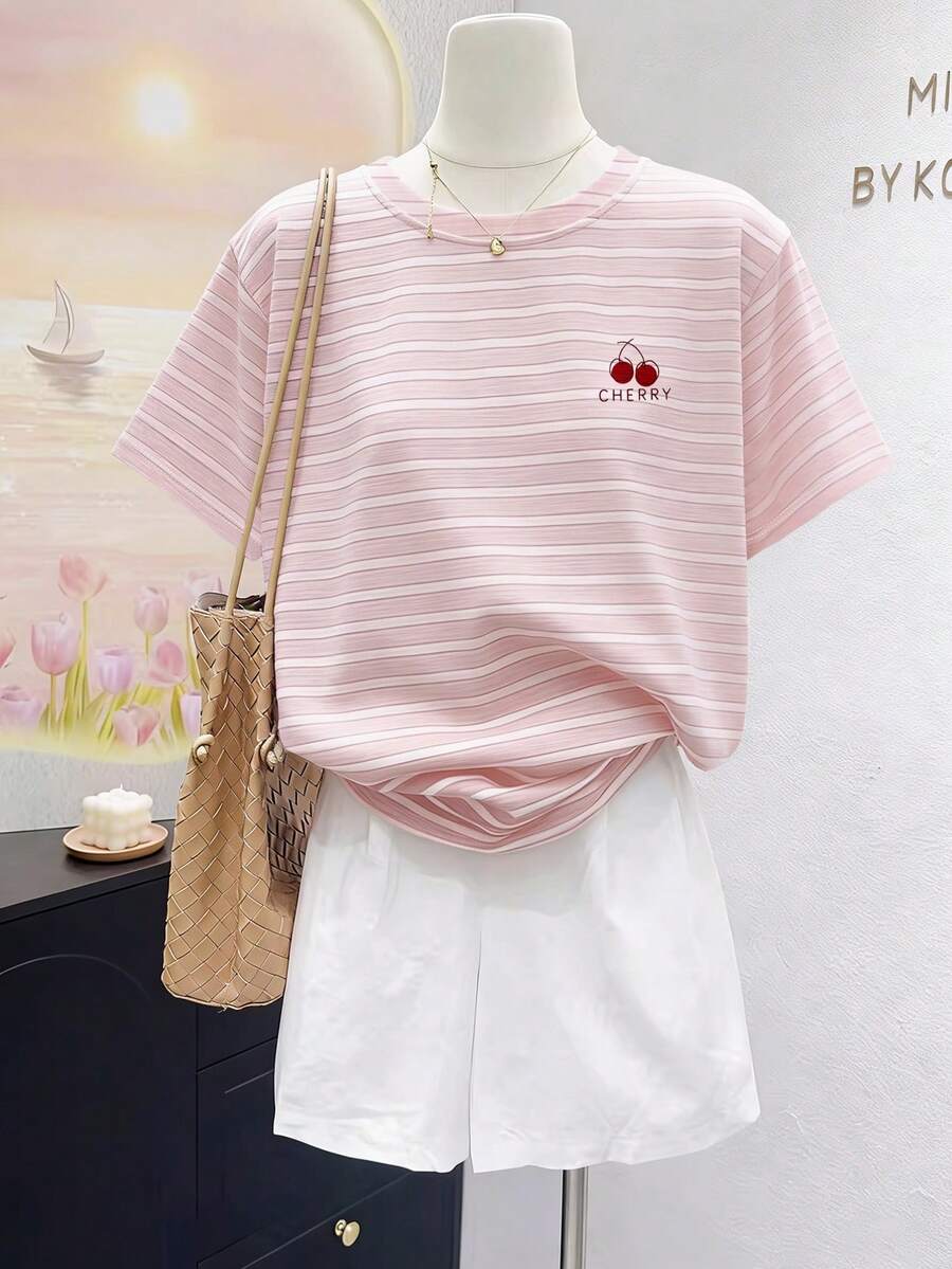 Lalippa 休闲时尚，经典条纹印花，樱桃刺绣圆领女式T恤 - 粉色 - 查看 1