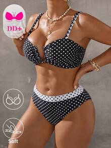 Swim DD+ Women's White With Black Polka Dots Bikini Set,Summer 90s Spaghetti Strap Push Up Bathing Suits For Beach Party,Holiday Vacation Contrast Swimsuits - Khaki - View 4