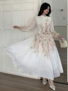Modelyn Vestido de manga larga con cintura anudada, fruncido y estampado de colocación para mujeres - Verde - Ver 3