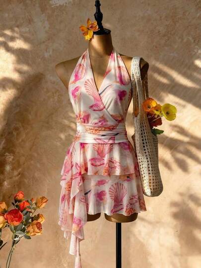 SHEIN Glamour Romantic Vacation Shell & Starfish Print Deep V-Neck Tie-Up Sexy Open Back Ruffle Hem Patchwork Women's Dress, Suitable For Vacation, Casual, And Date Outfits