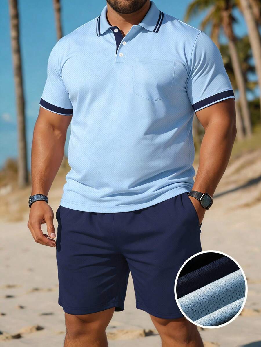 Manfinity Dauomo Setelan Kemeja Polo Lengan Pendek Bergaris dan Celana Pendek untuk Pria Ukuran Besar - MultiWarna - View 1