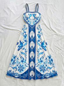 Soleia Women's All-Over Print Casual Sexy Vacation Spaghetti Strap Dress Golf White Summer - Navy Blue - View 5