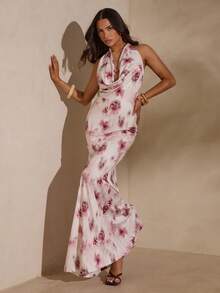 SHEIN Glamour Women's White And Pink Floral Backless Sleeveless Slim Maxi Dress,Bodycon Summer Casual Vacation Holiday Outfit For Beach,Wedding Party,Nightclub - Multicolor - View 6