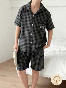 Set Of 2 Pieces Casual Plaid Short Sleeve Shorts Set For Boys,Grey,Summer,Family Matching,Embroidered Play Pattern,Loose Loungewear Soft Fabric - Grey - View 1
