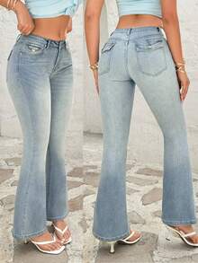 女士牛仔修身喇叭裤 - 淺色水洗藍 - 查看 1