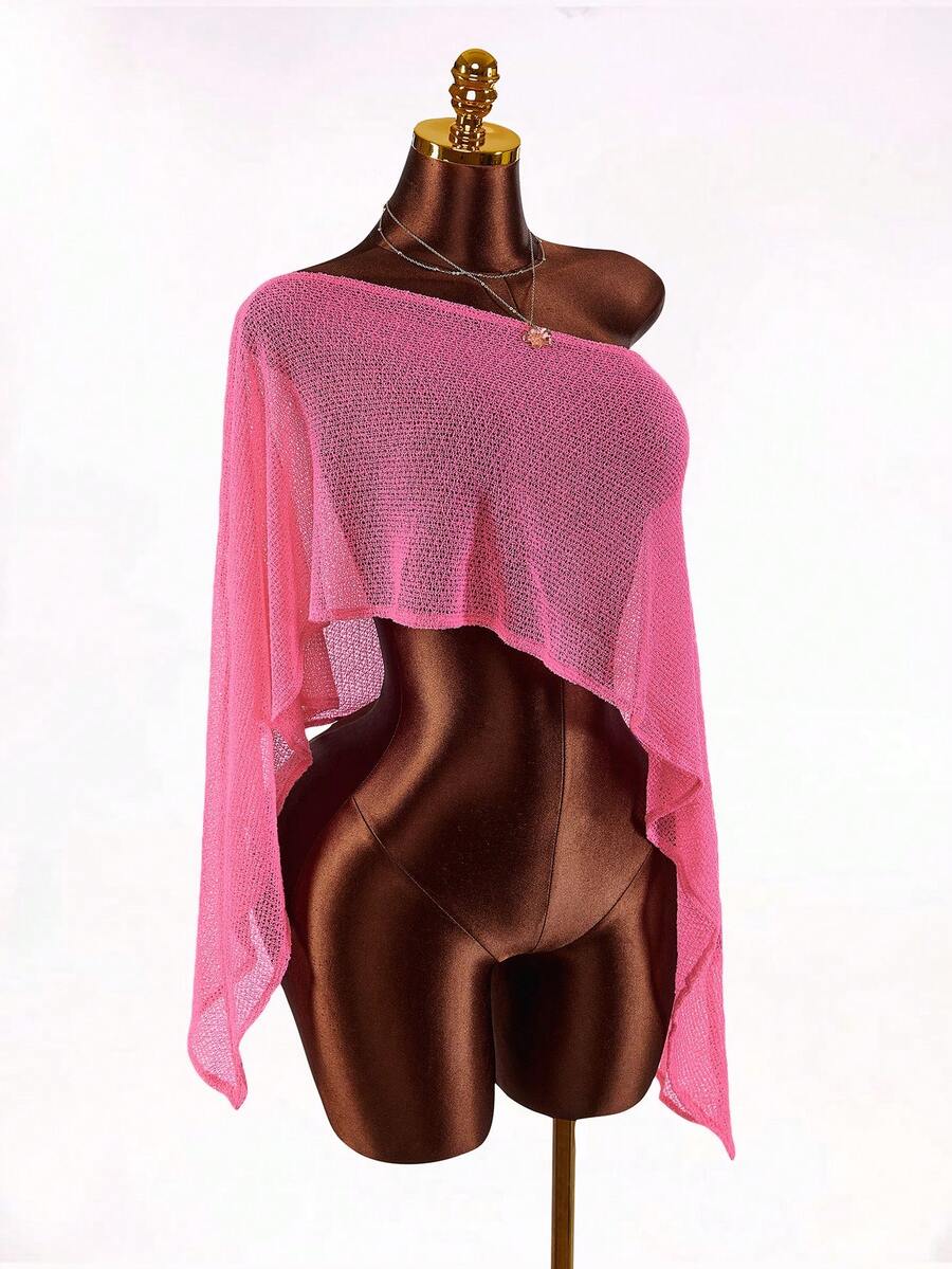 Amplova 女士粉色仿毛皮针织罩衫，多功能肩部设计，适合作为泳衣罩衫、日常穿着、海滩、音乐节等场合，性感又时尚。 - 粉色 - 查看 1