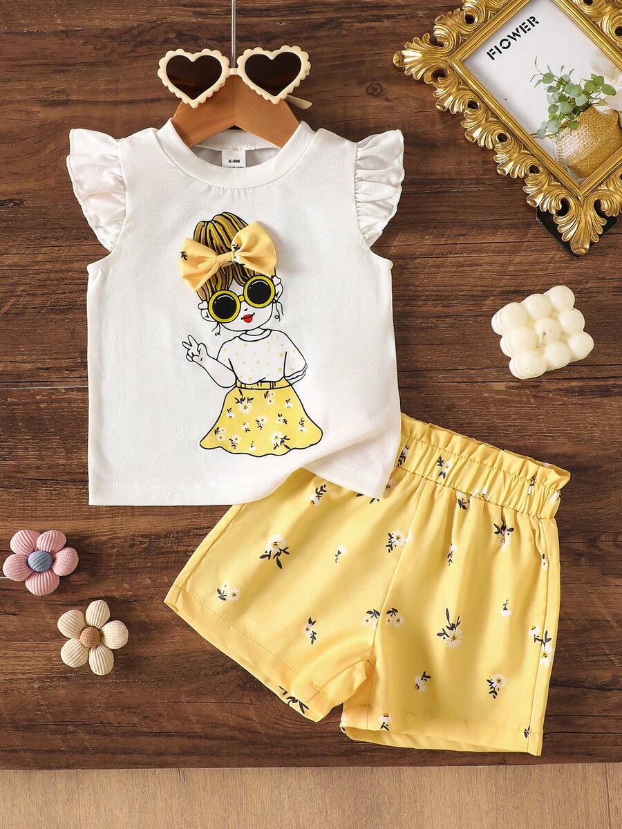 SHEIN BABAGIRL Summer Cute White Camisole With Flutter Sleeves,Whimsical Graphic Pattern,Matching Bowknot Outfit For Vacation & Daily Outings - Yellow - View 1