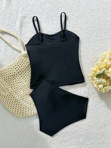 SHEIN Girls' Two Pieces Tankini Swimwear, Blue Striped Swimwear For Girls, Teen Girls' Swimwear, Blue Striped Teen Girl' Swimwear, Girls' Blue Swimwear, Summer Vacation - Black - View 2