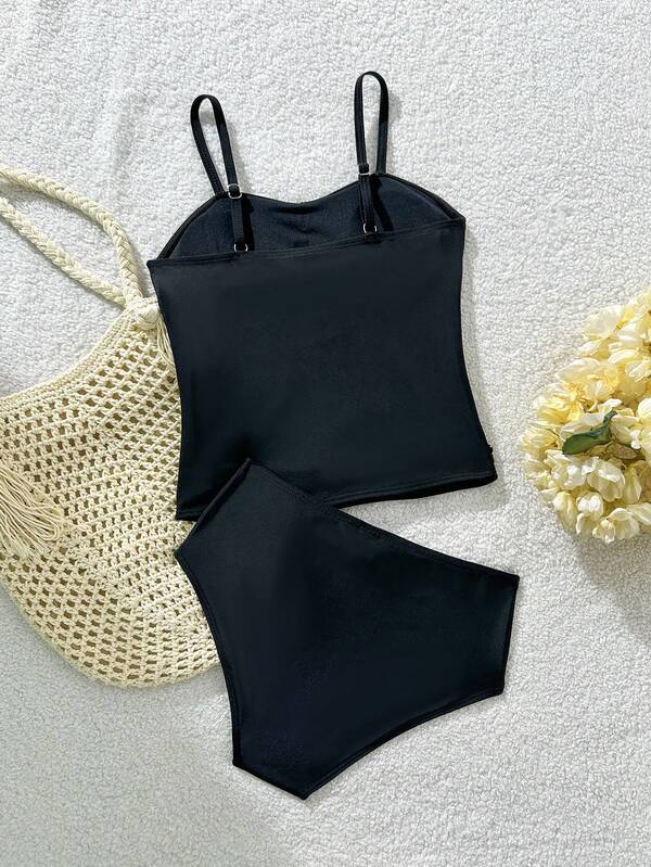 SHEIN Girls' Two Pieces Tankini Swimwear, Blue Striped Swimwear For Girls, Teen Girls' Swimwear, Blue Striped Teen Girl' Swimwear, Girls' Blue Swimwear, Summer Vacation Black Swim Suit For Teens Bathing Suits For Teens Black Tankini For Teens Teen Girl Swimwear Teenager Bikini Black Swimwear For Women Black Tankini Swimsuits Two Piece Swimsuit Summer Beach Outfit