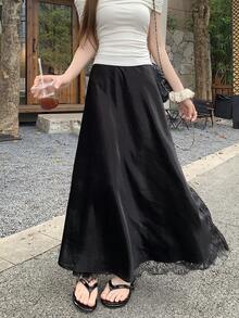 DAZY Chân váy nữ dáng rộng, thoải mái, phối ren và satin, thích hợp cho mùa hè. - màu đen - Xem 3