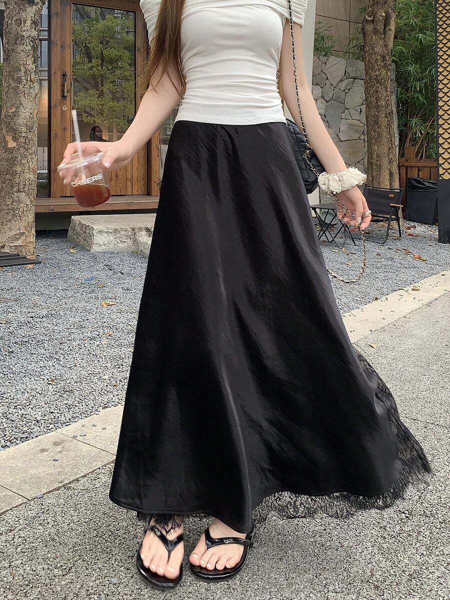 DAZY 女士缎面蕾丝拼接休闲宽松半身裙 夏季 - 黑色 - 查看 1