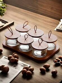 一套全新的中式实木玻璃坚果碟，配有带盖网格零食储物罐和木托盘 - 棕色 - 查看 6