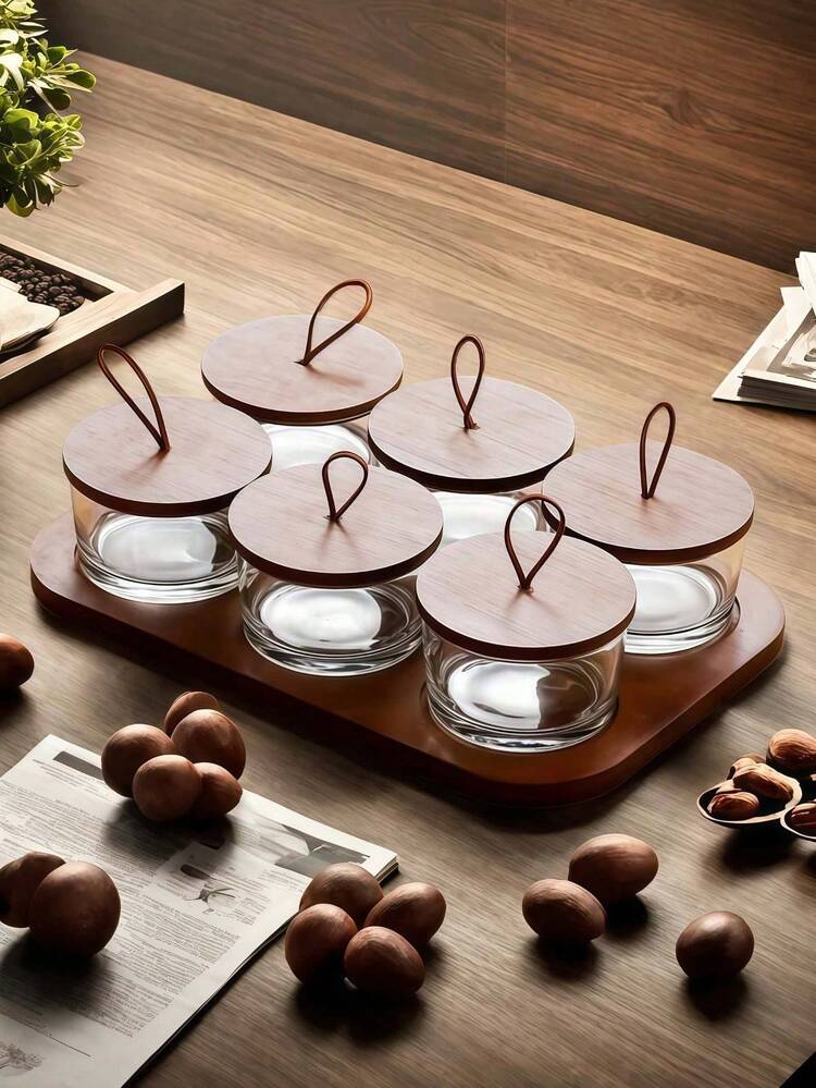 A New Set Of Chinese-Style Solid Wood And Glass Nut Dishes With A Covered Grid Snack Storage Jar, Paired With A Wooden Tray - Brown - View 6