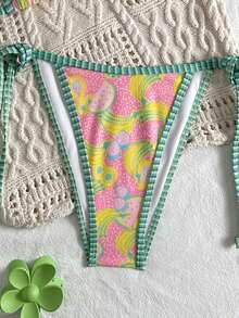 Swim Mod Multicolor Tropical Print Women's Bikini Set With Tie Side Bottom Knot Details Spaghetti Strap Short Length For Summer Beachwear - Multicolor - View 4