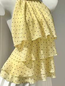 Elamini Áo kiểu nữ chấm bi, viền bèo nhún, cổ yếm - Màu vàng - Xem 5