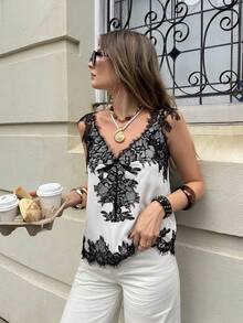 Brillora 女士休闲优雅浪漫日常度假彩色蕾丝拼接吊带背心，女士黑色上衣和女士白色上衣 - 黑與白 - 查看 11