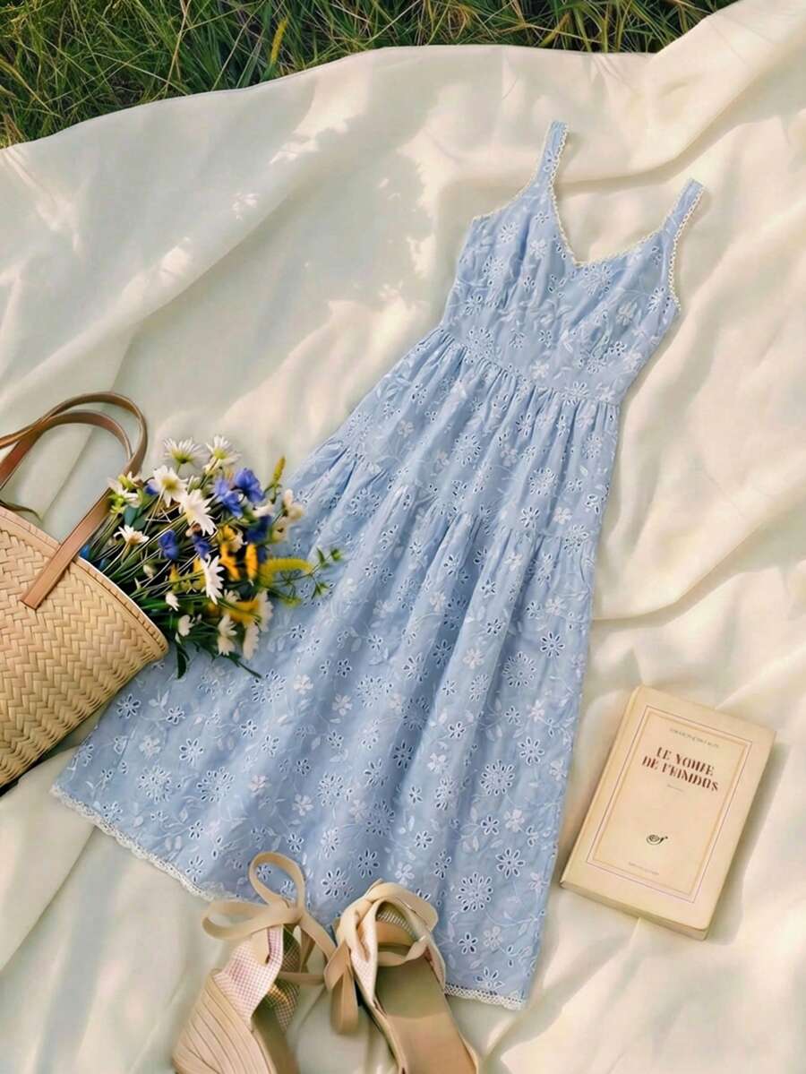 Franclia Vestido largo con tirantes finos, corte evasé, bordado floral y encaje romántico francés para vacaciones de primavera/verano, salidas casuales y citas, color azul - Azul - Ver 1
