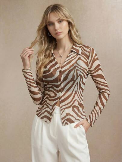 BizChic 女士秋季V领斑马纹网纱上衣，优雅浪漫休闲都市通勤简约基础商务休闲衬衫，Y2K街头风