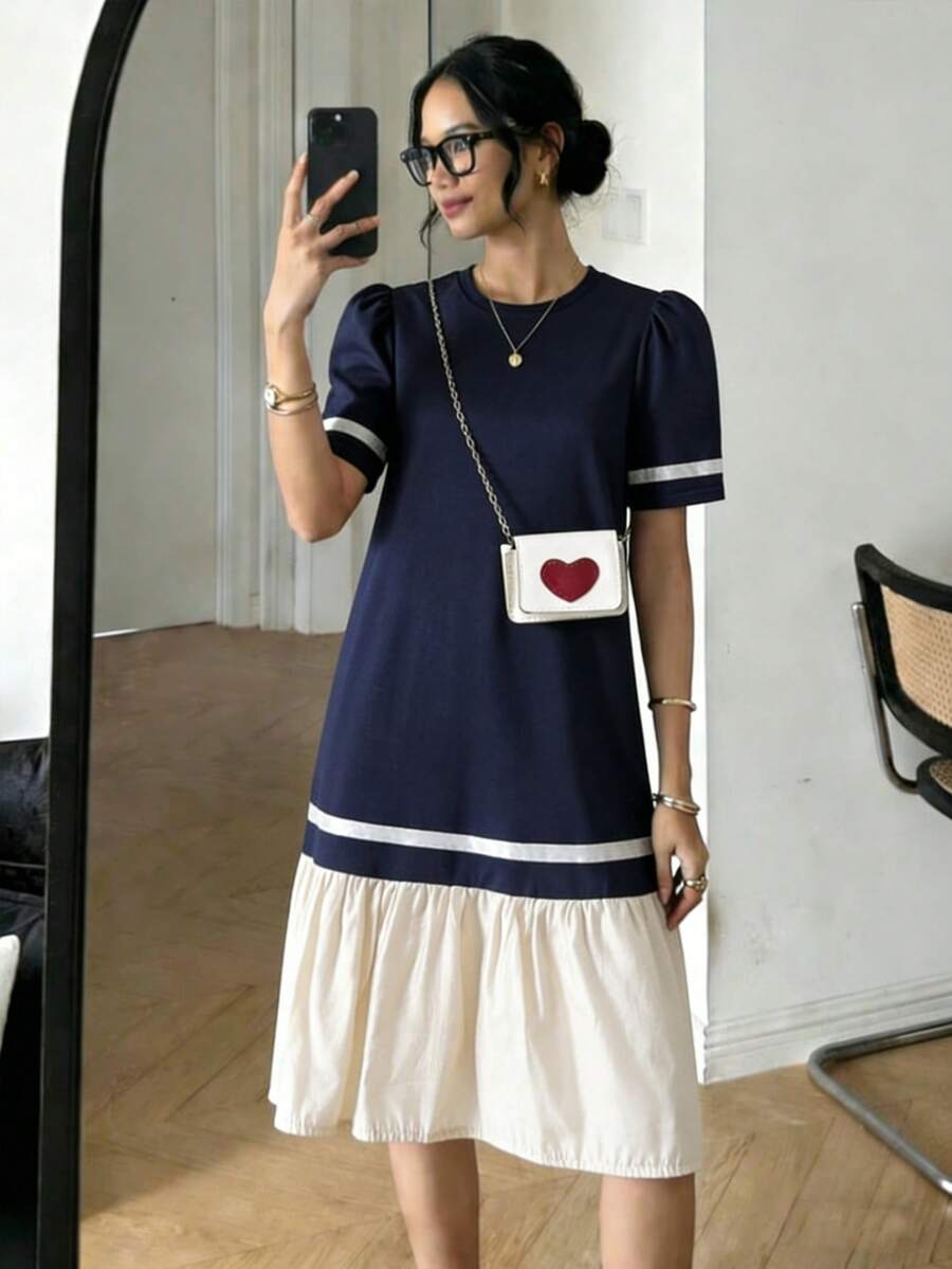SHEIN Teen Girl Cute & Lively Round Neck Petal Sleeve Contrast Color Ruffle Hem Dress, Suitable For Outings And Gatherings, Does Not Include Chain Bag - Navy Blue - View 1