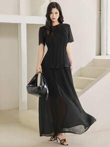 Heiryn Set elegant de 2 piese pentru femei, cu top și fustă, în culoare solidă, stil naveta - Negru - Vizualizare 4