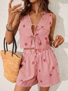 VCAY Set de 2 piezas de top sin mangas con nudo delantero y estampado de rayas y shorts, conjunto informal de verano para mujer - Rojo y blanco - Ver 11