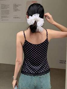 K-Vae 白色波点蕾丝边吊带背心，甜美可爱修身夏季上衣，柔软针织面料，韩式休闲百搭，街头风，必备叠穿单品 - 黑色 - 查看 2