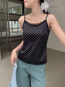 K-Vae 白色波点蕾丝边吊带背心，甜美可爱修身夏季上衣，柔软针织面料，韩式休闲百搭，街头风，必备叠穿单品 - 黑色 - 查看 3